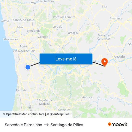 Serzedo e Perosinho to Santiago de Piães map