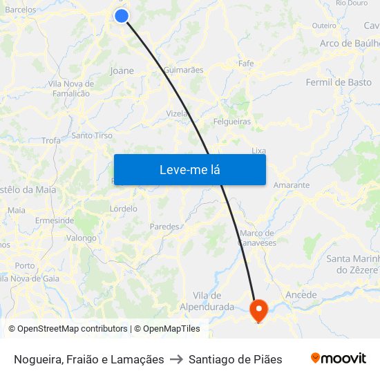 Nogueira, Fraião e Lamaçães to Santiago de Piães map