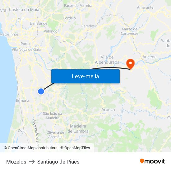 Mozelos to Santiago de Piães map