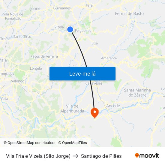 Vila Fria e Vizela (São Jorge) to Santiago de Piães map