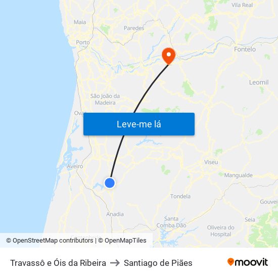 Travassô e Óis da Ribeira to Santiago de Piães map