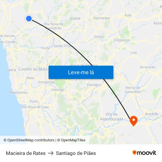 Macieira de Rates to Santiago de Piães map