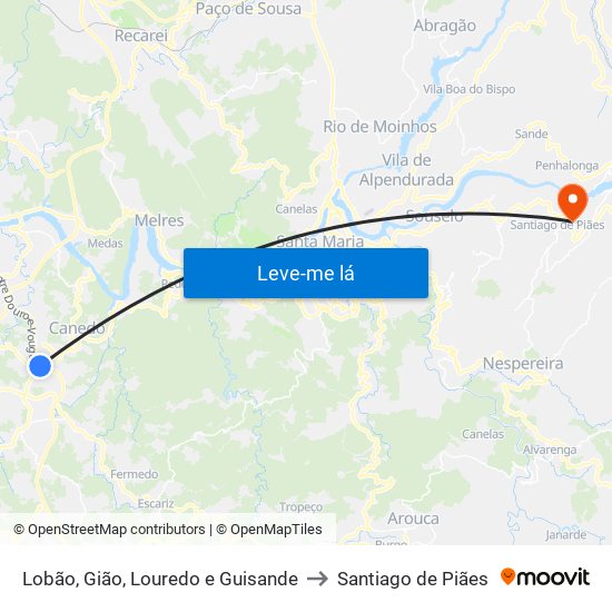 Lobão, Gião, Louredo e Guisande to Santiago de Piães map