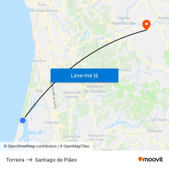 Torreira to Santiago de Piães map