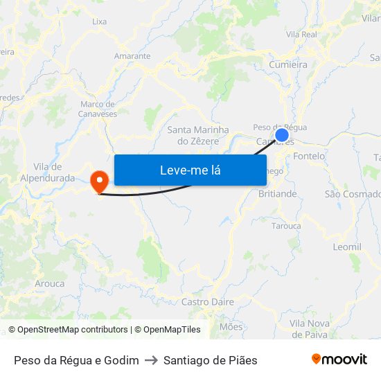Peso da Régua e Godim to Santiago de Piães map