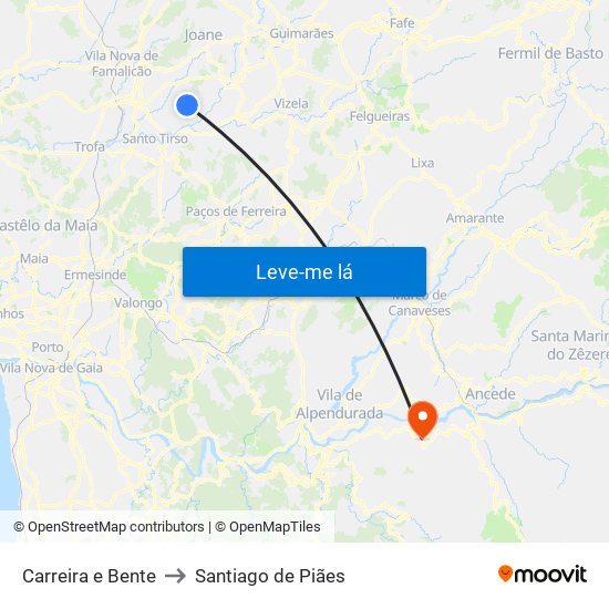 Carreira e Bente to Santiago de Piães map