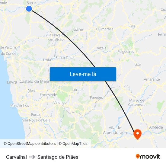 Carvalhal to Santiago de Piães map