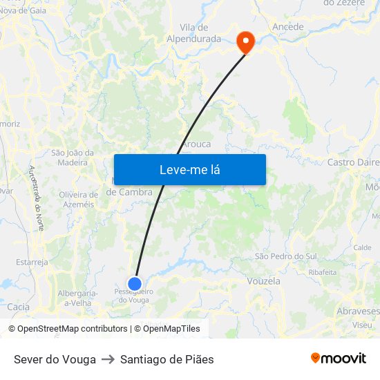 Sever do Vouga to Santiago de Piães map