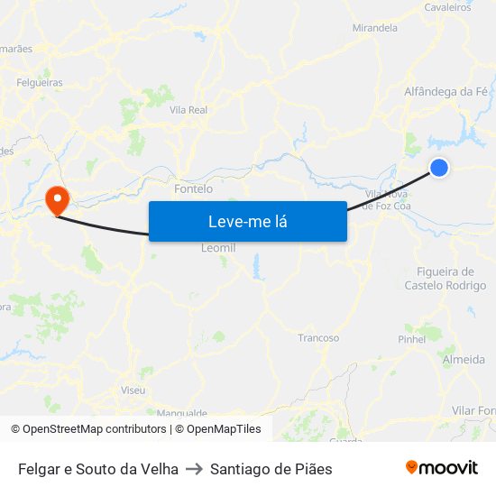 Felgar e Souto da Velha to Santiago de Piães map