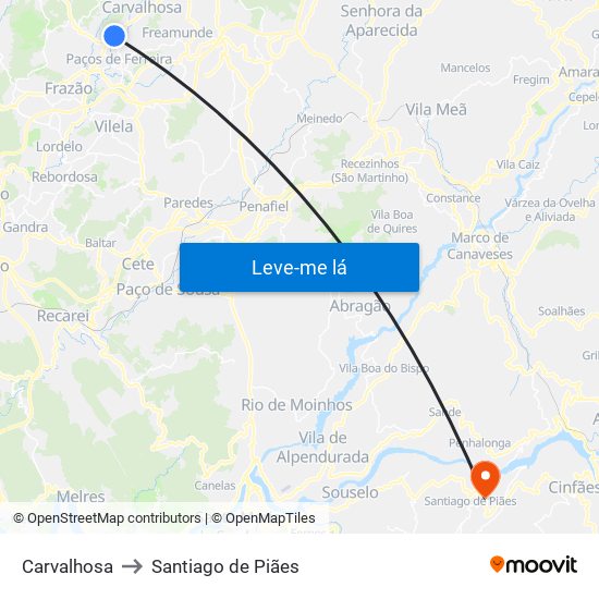 Carvalhosa to Santiago de Piães map