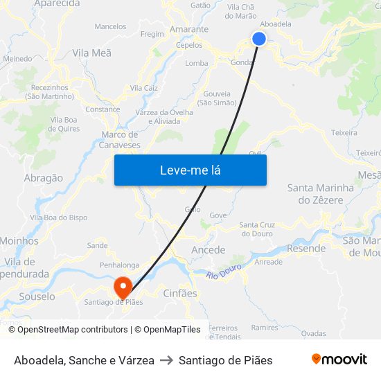 Aboadela, Sanche e Várzea to Santiago de Piães map