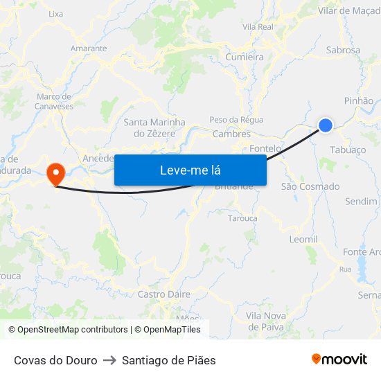Covas do Douro to Santiago de Piães map
