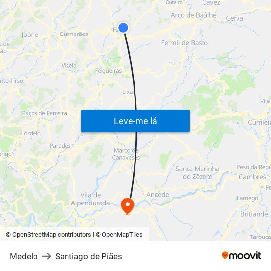 Medelo to Santiago de Piães map