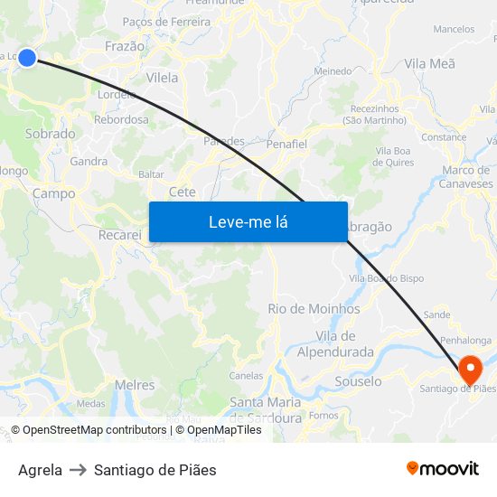 Agrela to Santiago de Piães map