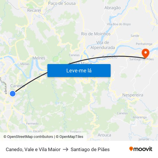 Canedo, Vale e Vila Maior to Santiago de Piães map