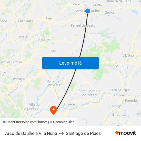 Arco de Baúlhe e Vila Nune to Santiago de Piães map