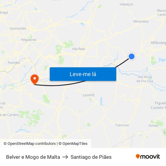 Belver e Mogo de Malta to Santiago de Piães map