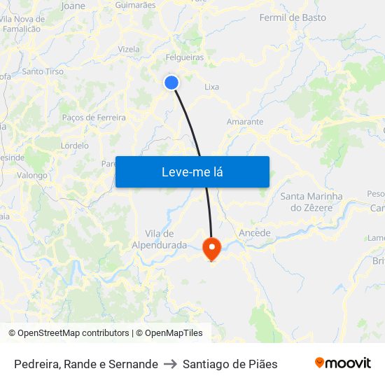 Pedreira, Rande e Sernande to Santiago de Piães map