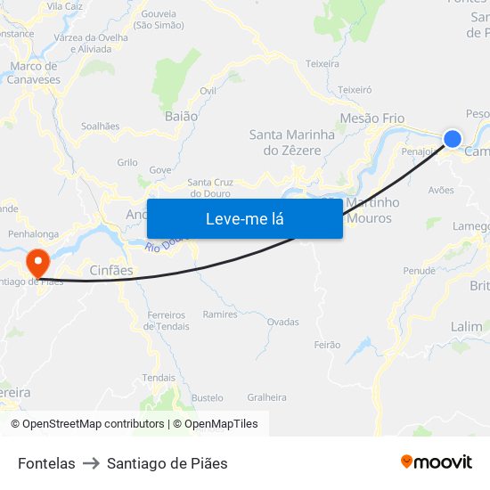 Fontelas to Santiago de Piães map