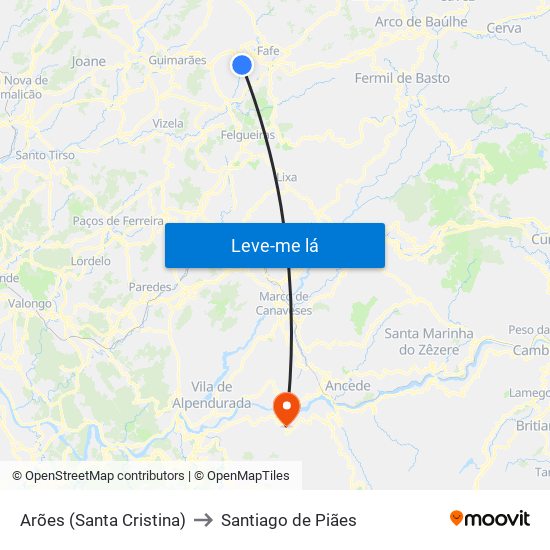 Arões (Santa Cristina) to Santiago de Piães map