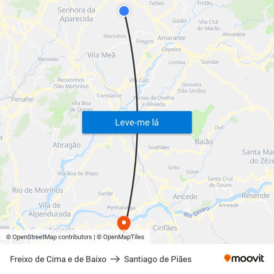 Freixo de Cima e de Baixo to Santiago de Piães map