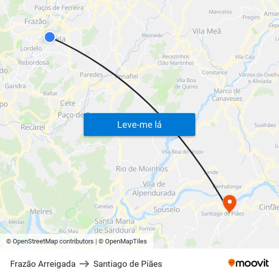 Frazão Arreigada to Santiago de Piães map