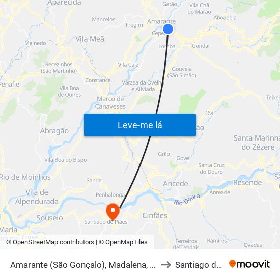Amarante (São Gonçalo), Madalena, Cepelos e Gatão to Santiago de Piães map