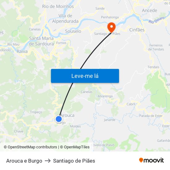 Arouca e Burgo to Santiago de Piães map