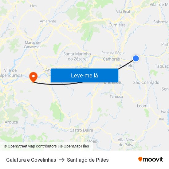Galafura e Covelinhas to Santiago de Piães map