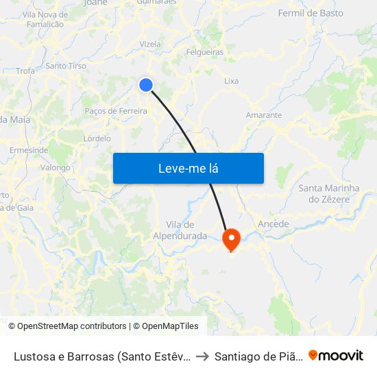 Lustosa e Barrosas (Santo Estêvão) to Santiago de Piães map