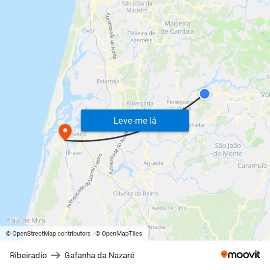 Ribeiradio to Gafanha da Nazaré map