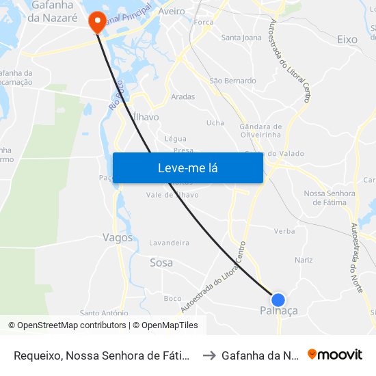 Requeixo, Nossa Senhora de Fátima e Nariz to Gafanha da Nazaré map