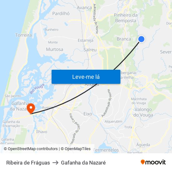 Ribeira de Fráguas to Gafanha da Nazaré map