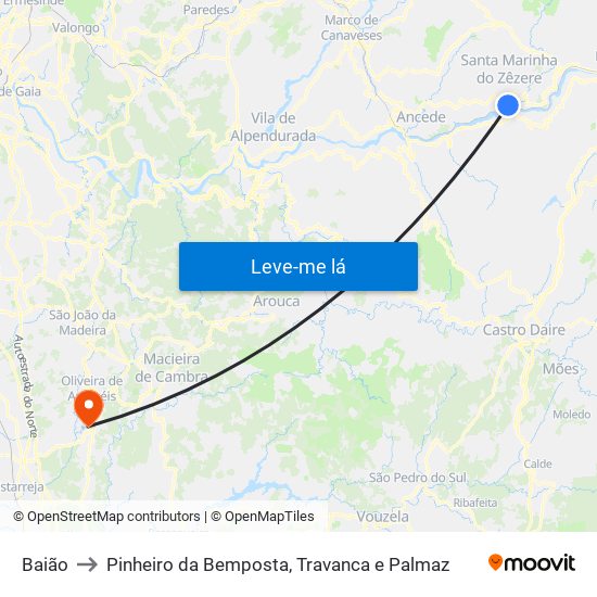 Baião to Pinheiro da Bemposta, Travanca e Palmaz map