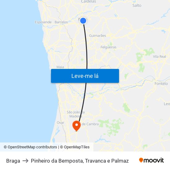 Braga to Pinheiro da Bemposta, Travanca e Palmaz map