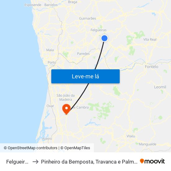 Felgueiras to Pinheiro da Bemposta, Travanca e Palmaz map