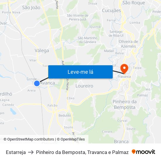 Estarreja to Pinheiro da Bemposta, Travanca e Palmaz map