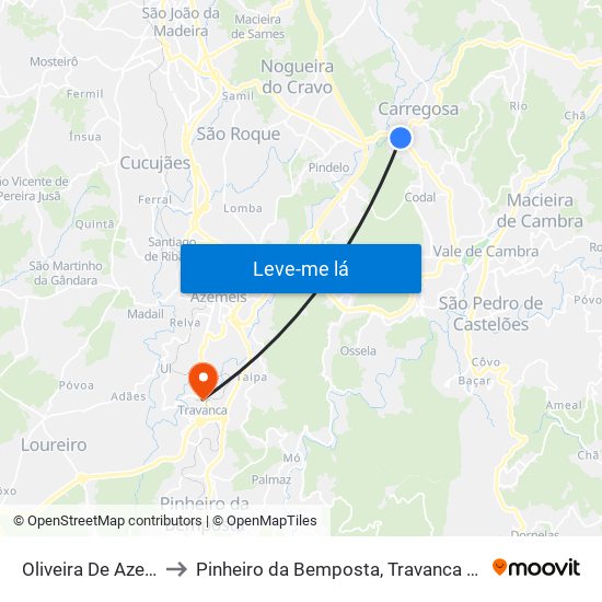 Oliveira De Azeméis to Pinheiro da Bemposta, Travanca e Palmaz map