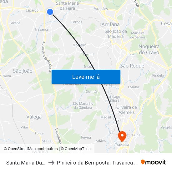 Santa Maria Da Feira to Pinheiro da Bemposta, Travanca e Palmaz map