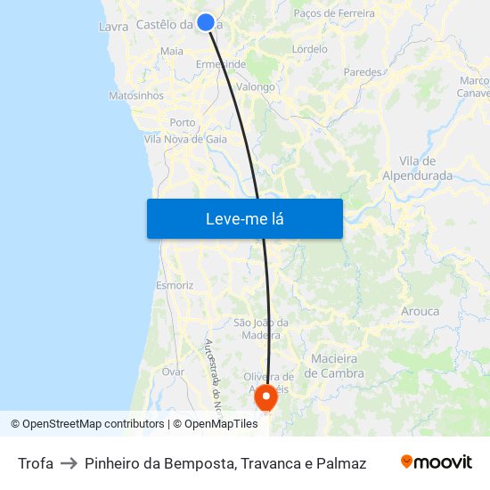 Trofa to Pinheiro da Bemposta, Travanca e Palmaz map
