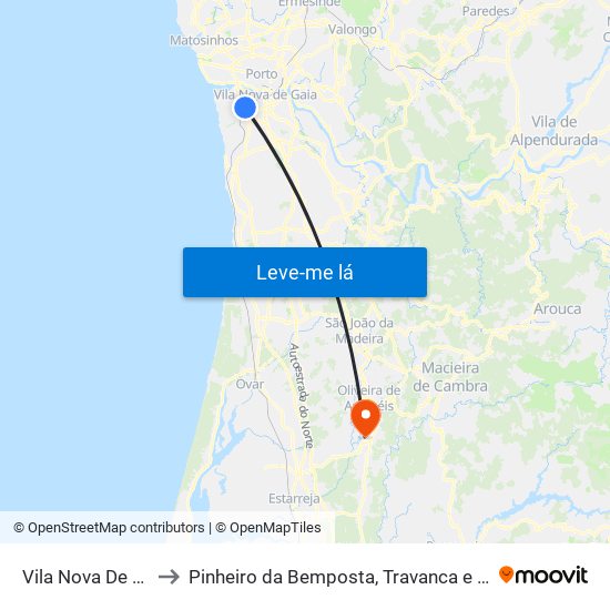 Vila Nova De Gaia to Pinheiro da Bemposta, Travanca e Palmaz map