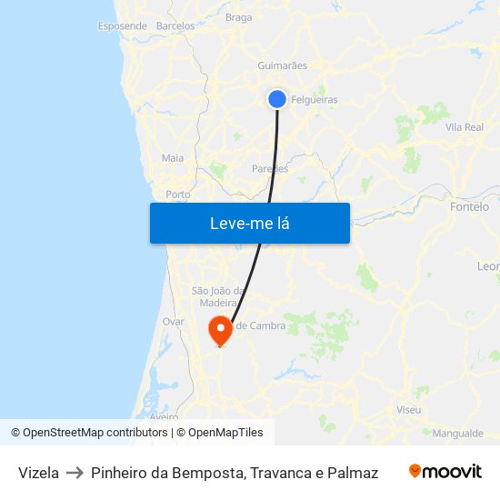 Vizela to Pinheiro da Bemposta, Travanca e Palmaz map