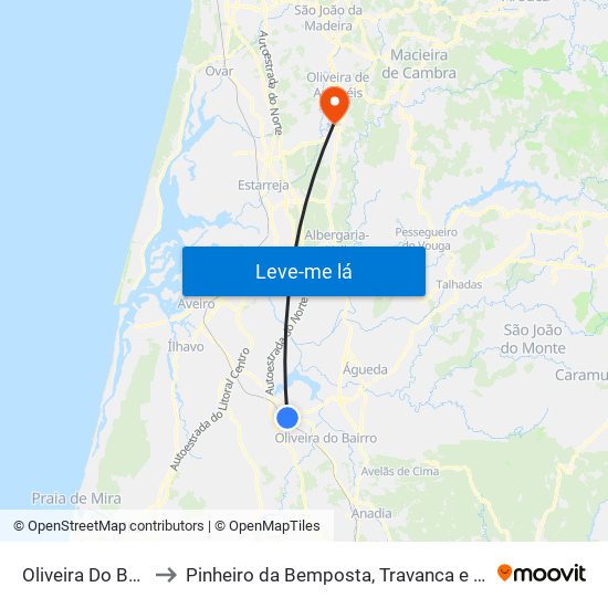 Oliveira Do Bairro to Pinheiro da Bemposta, Travanca e Palmaz map