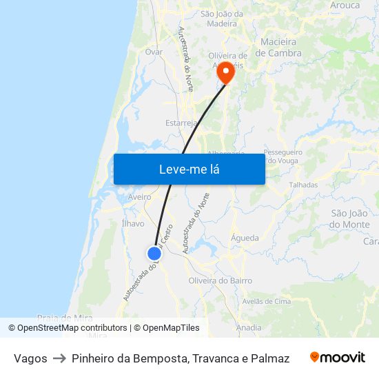 Vagos to Pinheiro da Bemposta, Travanca e Palmaz map