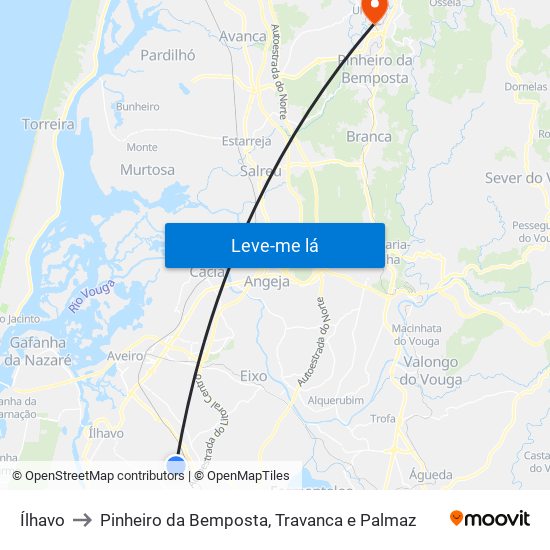 Ílhavo to Pinheiro da Bemposta, Travanca e Palmaz map