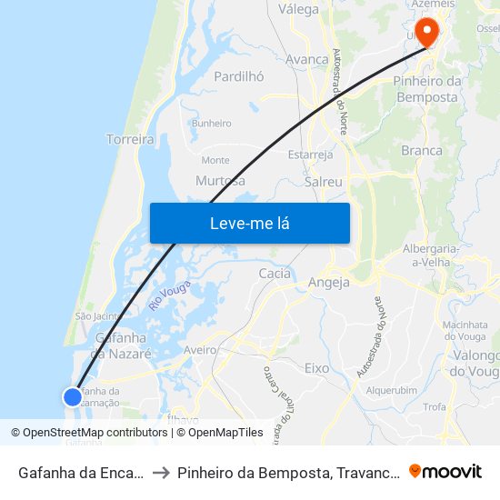 Gafanha da Encarnação to Pinheiro da Bemposta, Travanca e Palmaz map