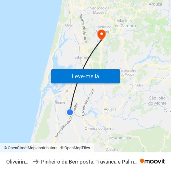 Oliveirinha to Pinheiro da Bemposta, Travanca e Palmaz map