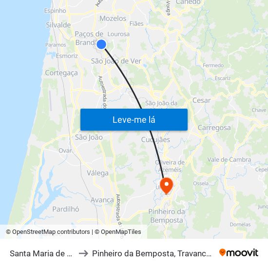 Santa Maria de Lamas to Pinheiro da Bemposta, Travanca e Palmaz map