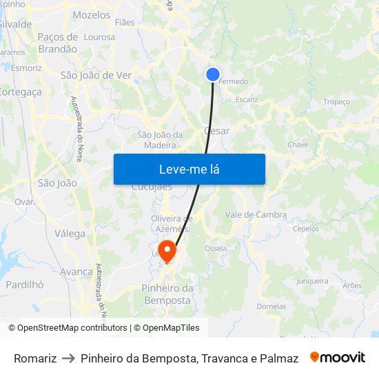 Romariz to Pinheiro da Bemposta, Travanca e Palmaz map