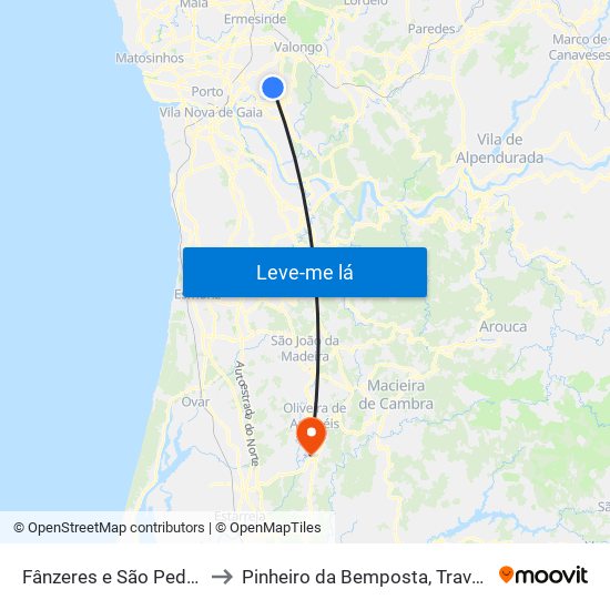 Fânzeres e São Pedro da Cova to Pinheiro da Bemposta, Travanca e Palmaz map